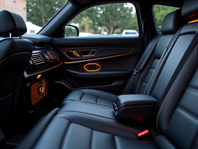 Interior de vehículo con sistema de sonido premium, altavoces personalizados y amplificador visible.