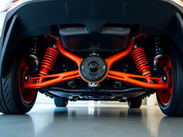 Automóvil con suspensión deportiva instalada, mostrando amortiguadores y resortes de alto rendimiento.